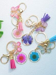 新款合金树脂白色/粉色雏菊干花钥匙扣，适用于女士包包/汽车，母亲节礼物，蝴蝶流苏装饰钥匙扣，汽车配件，包包挂饰，书包挂绳，带证件夹，汽车配件，包包挂饰，汽车配件，教师，朋友，姐妹礼物创意 - 紫色 - 查看 7