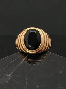 Men Jewelry Gold 18K Plated 316 Stainless Steel Fashion Solid High Quality Black Stone Rings