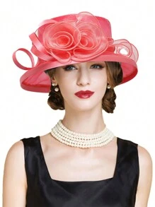 HIMESPORT Mũ nữ chủ đề Lễ hội đua ngựa Kentucky Derby, thích hợp cho các bữa tiệc cocktail, đám cưới, tiệc trà chiều, được trang trí bằng chấm bi và hoa, vành rộng. - màu đặc - Xem 6