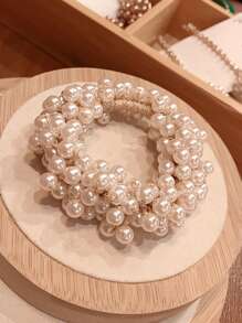 Set de 3 Lazos para el cabello de mujer blancos y dorados de 9cm/3,54 pulg. con perlas falsas, accesorios para el cabello de estilo simple de alta gama, versátiles y fashion, apropiados para uso diario, fiestas casuales, transporte y días festivos, perfectos para coletas, moños, lavarse la cara, maquillarse y combinar con ropa. Coleteros escolares, elásticos para el cabello, bandas de goma para el cabello, scrunchies, cuerda para el cabello, lazos elásticos para el cabello