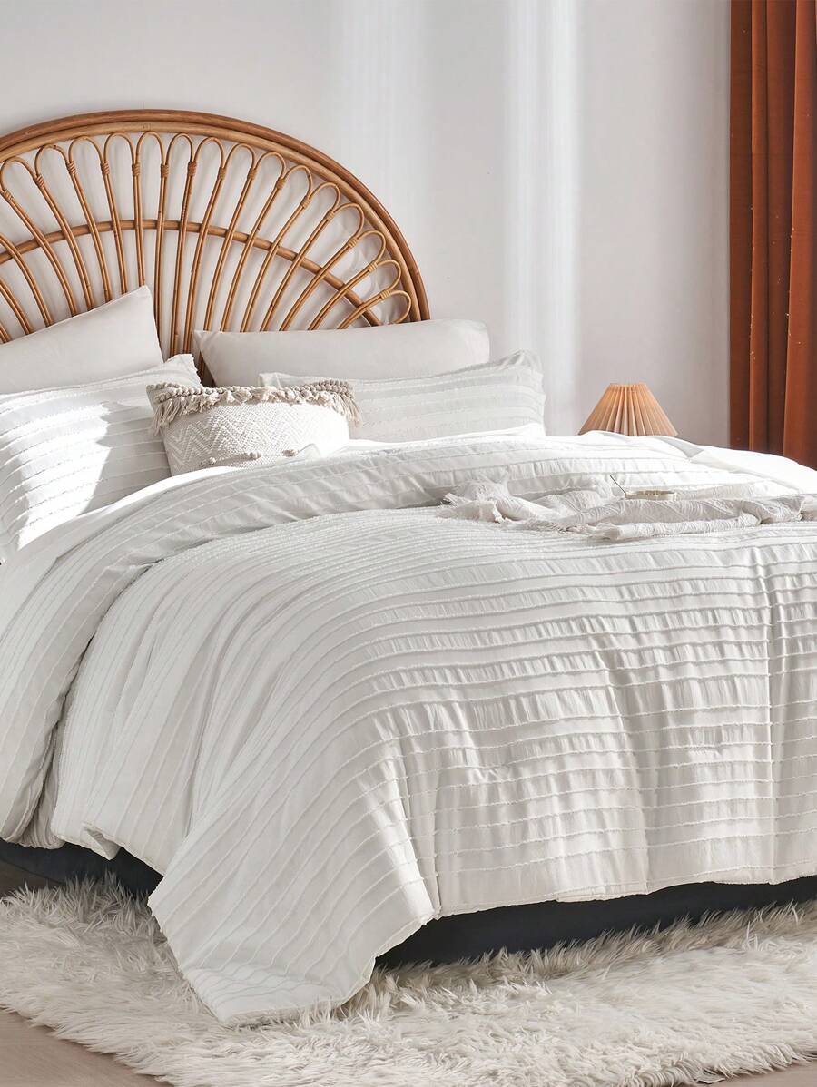 7 Piece Bed In A Bag Striped Tufted Comforter Set,Shabby Chic Boho Comforter And Sheet Set, All Season Soft Microfiber Complete Bedding Set - 白色 - 查看 1