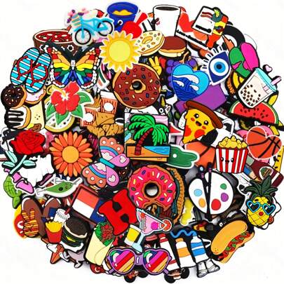 10/30/50/100个随机鞋饰，适用于凉鞋，食物/动物/水果/卡通/夏季系列，DIY鞋饰，高品质配件，青少年、男士、女士和成人的绝佳礼物