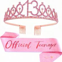 2 件套女士生日绶带和头饰，包括生日皇冠、4 岁、5 岁、6 岁、7 岁、8 岁、9 岁、10 岁、13 岁、16 岁、18 岁、21 岁绶带、精美蜡烛和蛋糕装饰，生日女士礼物，生日快乐派对礼品，适合粉色、圣诞节