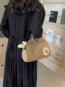 Bolso de paja informal con gran capacidad y diseño unicolor con decoración de flores, bolso de mano con asa superior, adecuado para vacaciones, al aire libre, viajes, playa, universidad/aula universitaria, mujeres, chicas y estudiantes universitarios