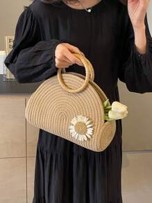 Bolso de paja informal con gran capacidad y diseño unicolor con decoración de flores, bolso de mano con asa superior, adecuado para vacaciones, al aire libre, viajes, playa, universidad/aula universitaria, mujeres, chicas y estudiantes universitarios