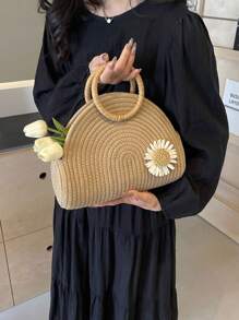 Bolso de paja informal con gran capacidad y diseño unicolor con decoración de flores, bolso de mano con asa superior, adecuado para vacaciones, al aire libre, viajes, playa, universidad/aula universitaria, mujeres, chicas y estudiantes universitarios