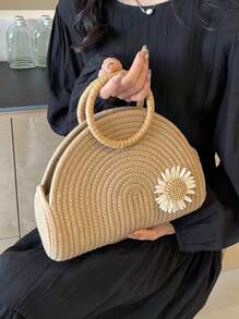 Bolso de paja informal con gran capacidad y diseño unicolor con decoración de flores, bolso de mano con asa superior, adecuado para vacaciones, al aire libre, viajes, playa, universidad/aula universitaria, mujeres, chicas y estudiantes universitarios