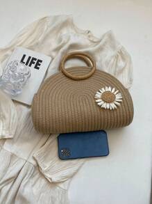 Bolso de paja informal con gran capacidad y diseño unicolor con decoración de flores, bolso de mano con asa superior, adecuado para vacaciones, al aire libre, viajes, playa, universidad/aula universitaria, mujeres, chicas y estudiantes universitarios