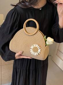 Bolso de paja informal con gran capacidad y diseño unicolor con decoración de flores, bolso de mano con asa superior, adecuado para vacaciones, al aire libre, viajes, playa, universidad/aula universitaria, mujeres, chicas y estudiantes universitarios