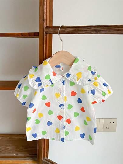 2024夏季女童襯衫，寬大翻領短袖可愛上衣
