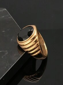 Men Jewelry Gold 18K Plated 316 Stainless Steel Fashion Solid High Quality Black Stone Rings