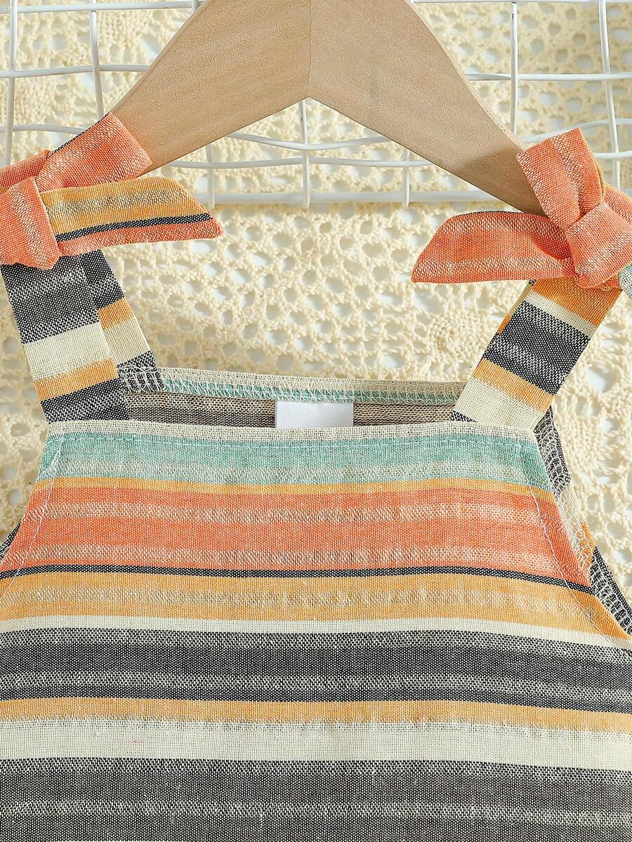 Young Girl Summer Sleeveless Striped Shorts Set With Bowknot Skirt