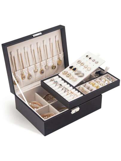 صندوق تخزين مجوهرات نسائي بسعة كبيرة وطبقتين، صندوق هدايا للعناقيد اللؤلؤية والأقراط والأساور والساعات وغيرها من المجوهرات