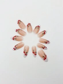 24 Stück vollständig abdeckende Kunstnägel in beige-mandel Form, mit Zitronenscheiben- und Blatt Design, inklusive rosa glänzenden Press On Nägeln, geeignet für den täglichen Gebrauch von Frauen und Mädchen + 1 Stück Gelkleber + 1 Stück Nagelfeile Nagelbedarf