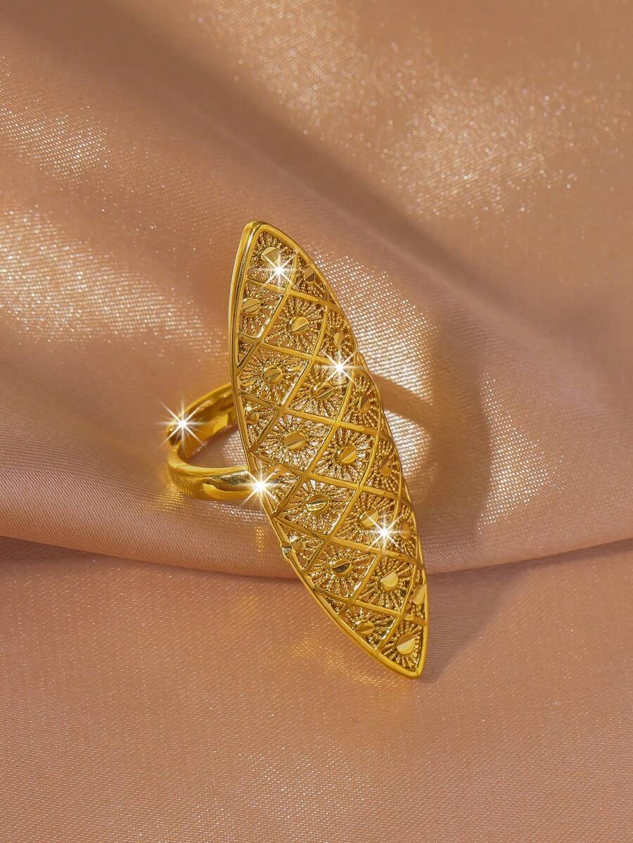 1 件时尚百搭镀金镂空几何花朵戒指，女士配饰礼物 - 金黃色 - 查看 1