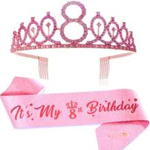 2 件套女士生日绶带和头饰，包括生日皇冠、4 岁、5 岁、6 岁、7 岁、8 岁、9 岁、10 岁、13 岁、16 岁、18 岁、21 岁绶带、精美蜡烛和蛋糕装饰，生日女士礼物，生日快乐派对礼品，适合粉色、圣诞节