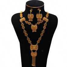 Bộ 3 món mùa hè màu vàng mạ vàng 24K nhắm mục tiêu - Bộ bông tai & vòng cổ dành cho cô dâu dành cho trang sức cưới của phụ nữ Dubai và Châu Phi - Vàng - Xem 7