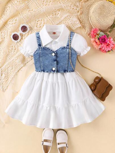 Set de 2 piezas para niña, top de tirantes casual y vestido corto de manga abullonada, para verano