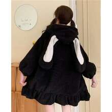 BZB Kawaii Anime Bunny Ear Hoodies For Women Sweet Lovely Fuzzy Fluffy Rabbit Sweater Tops Cosplay Jacket Coats - Black - View 3