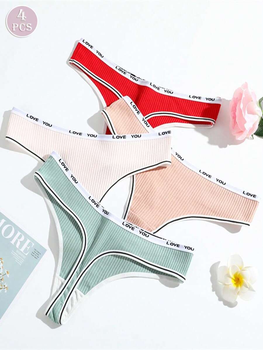 4pcs Women's Letter Waist Sexy Thongs Breathable T-Back Sexiness Lift Hips Panties - Multicolor - View 1