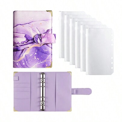 1 Set A6 Or 2 Sets New Marble Pattern Loose Leaf Binder With Copper Corners & 6 Zipper Bags, Back To School, School Supplies,Savings Plan,Biweekly Savings Plan,10000 Savings Plan,Savings Strategy