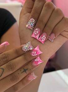 24pcs Duckbill Shaped Press On False Nails With Pink Flowers And Rhinestones, Including Jelly Glue And Nail File, Suitable For All Women Nail Supplies - Pink - View 1