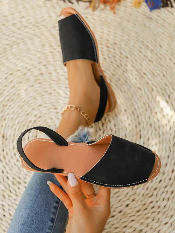 Women's Peep-Toe Cowhide Bottom Sandals, Comfortable And Casual Holiday Style, Summer, Black Leather Flat Shoes