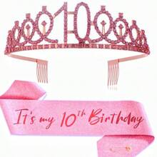 2 件套女士生日绶带和头饰，包括生日皇冠、4 岁、5 岁、6 岁、7 岁、8 岁、9 岁、10 岁、13 岁、16 岁、18 岁、21 岁绶带、精美蜡烛和蛋糕装饰，生日女士礼物，生日快乐派对礼品，适合粉色、圣诞节