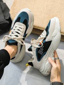 Chaussures de course décontractées pour hommes avec imprimé de slogan lettré, décorations en ruban de couleur contrastée et doux - Beige - Voir 2
