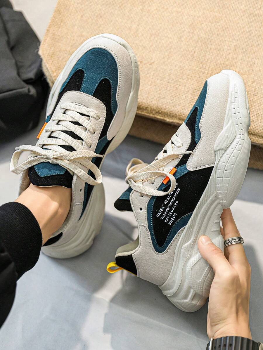 Chaussures de course décontractées pour hommes avec imprimé de slogan lettré, décorations en ruban de couleur contrastée et doux