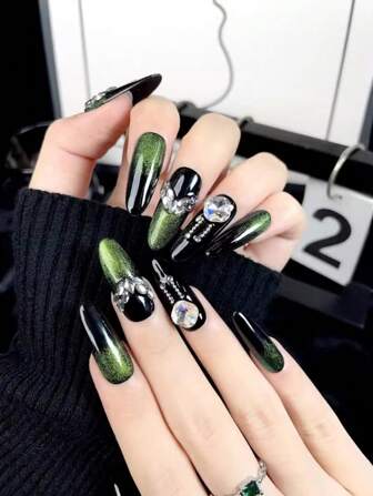 Upgrade Your Appearance, 10 Sizes S/M/L Pure Hand-Worn Nail Art Dark Green Cat Eye Diamond Super Flash, Personalized Detachable Patch, Full Cover Fake Nail Set, 1Pc Gelatin And 1Pc Nail File, Girls Mother Feminine Gift And Nail Supply Wholesale, Whitening Nail Art Set, Detachable Fake Nail, Holiday, Party, Date And Everyday Wear Press On Nails Nail Supplies Nails