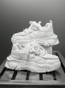 男士小众设计时尚高端网眼双鞋带装饰跑步鞋，拼接休闲白色运动鞋 - 白色 - 查看 4