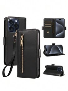 1pc Flip Cover Case With Zipper Card Slot & Strap Compatible With Iphone 16 - Black - View 2