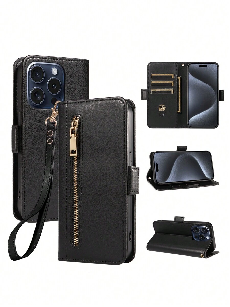 1pc Flip Cover Case With Zipper Card Slot & Strap Compatible With Iphone 16