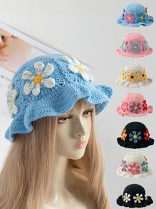 1pc Women's Fashionable Y2K Handmade Crochet 3D Sunflower Bucket Hat, Suitable For Daily Outfits In Autumn And Winter Winter Outfits - Multicolor - View 12