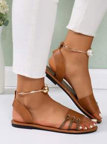 New Fashion Women's Pearl Ankle Strap Flat Sandals, Stylish Beach Casual Shoes