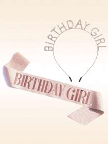 1pc Girl's Happy Birthday Shiny 3D Headband Ribbon Set For Birthday Party