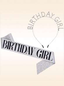 1pc Girl's Happy Birthday Shiny 3D Headband Ribbon Set For Birthday Party