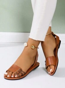 New Fashion Women's Pearl Ankle Strap Flat Sandals, Stylish Beach Casual Shoes