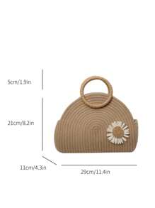 Bolso de paja informal con gran capacidad y diseño unicolor con decoración de flores, bolso de mano con asa superior, adecuado para vacaciones, al aire libre, viajes, playa, universidad/aula universitaria, mujeres, chicas y estudiantes universitarios