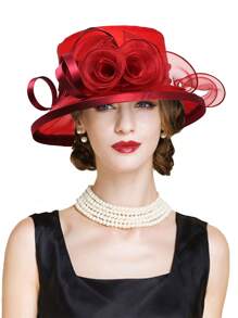 HIMESPORT Mũ nữ chủ đề Lễ hội đua ngựa Kentucky Derby, thích hợp cho các bữa tiệc cocktail, đám cưới, tiệc trà chiều, được trang trí bằng chấm bi và hoa, vành rộng. - màu đặc - Xem 16