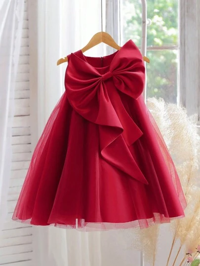 Burgundy Big Bow Decor Tulle Christmas Party Elegant Dress, Princess Dress, Girls Birthday Party Dress, Flower Girl Wedding Dress, Holiday Celebration