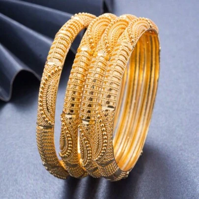 1pc Gold Plated Copper Bangle With 24K Texture, Summer Fashion Classic  Women's Wedding Gift Jewelry
