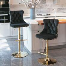 2/4/6 Piece Set Adjustable Swivel Bar Stools, Dining Bar Chairs With Velvet Tufted Back, Metal Base, Footrest For Home Bar, Dining Room, Kitchen Island. - Black-gold - View 3
