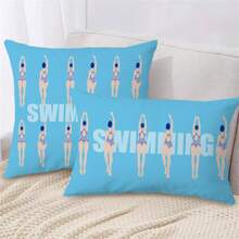 1pc Light Blue Short Plush Printed Pillowcase, Swimming Blue Background Printed Pillowcase, Home Room Decor, Office Decor, Living Room Sofa Decoration (Pillow Core Not Included)
