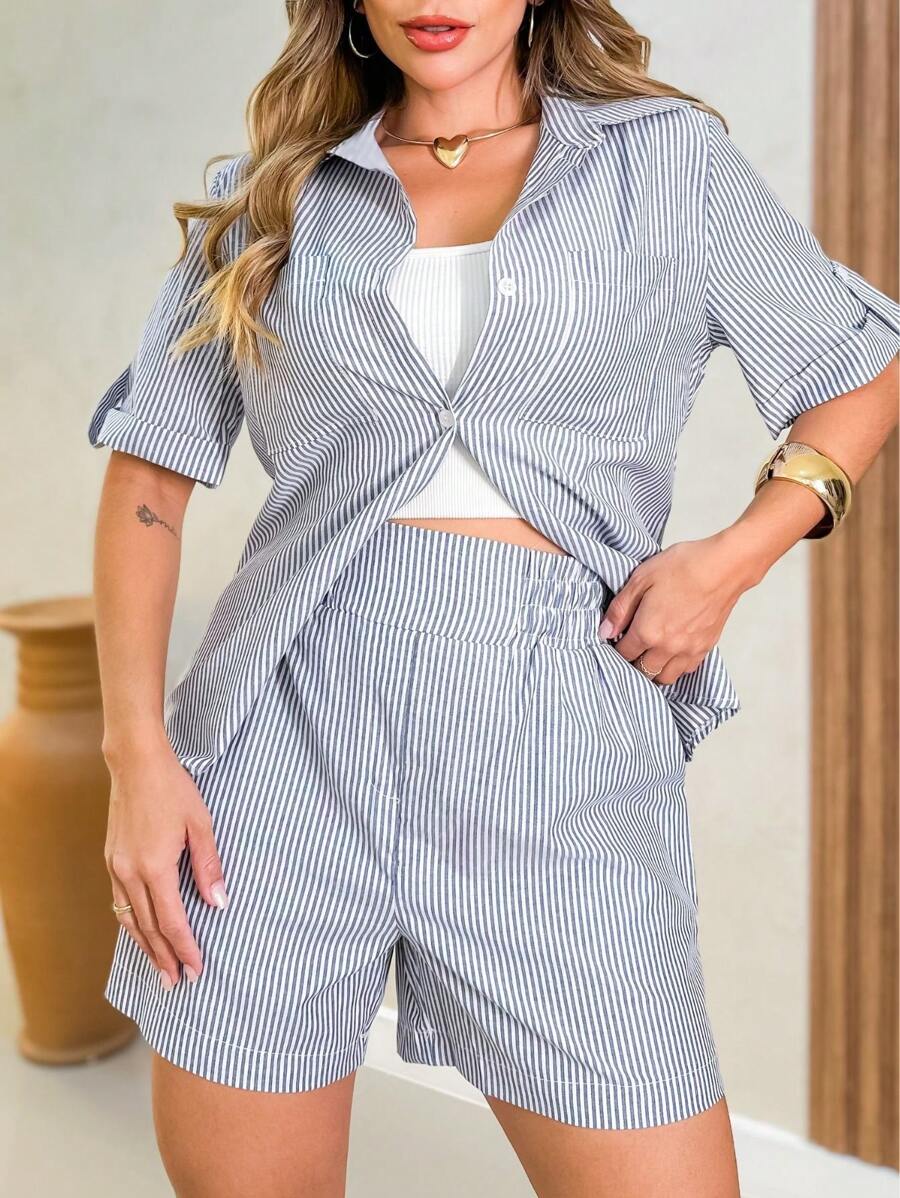 LUNE listrado ombro caído camisa & nó shorts