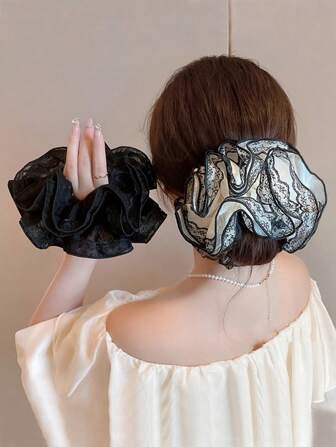 2pcs Lace Edge Stylish Vintage Court Style Big Bow Hair Scrunchies, Color-Block Hair Ties Accessories Valentine's Day Valentines Scrunchy Hair Ties, Casual Ponytail