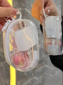 Portable Mini Clear Zipper Storage Bag, Compact Multifunctional Organizer, Earphone And Charger Case With Keychain Loop, Transparent Travel Accessory