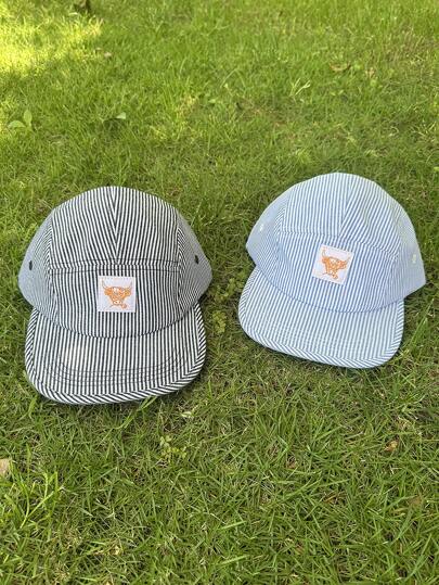 1入組男女通用扁平頂條紋黑藍針織棒球帽，透氣時尚街頭風可愛派對嘻哈滑板帽