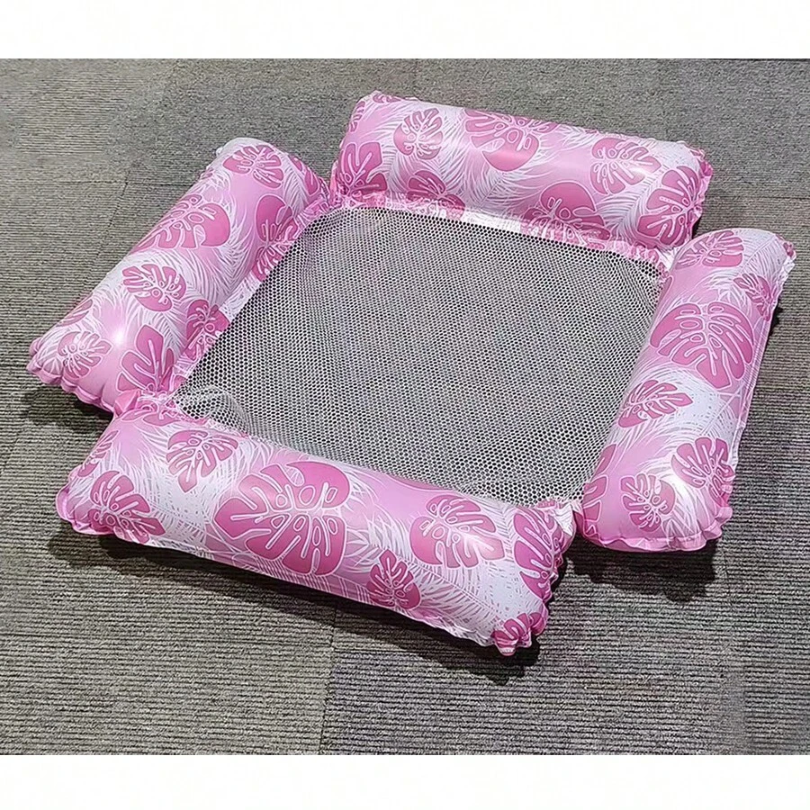 新款跨境充氣水上漂浮裝置，帶網狀折疊靠背的戶外躺椅，充氣式泳池浮機，游泳池休閒玩具和游泳圈，適用於成人 - 四管龜背葉充氣浮排-粉紅色 - 查看 1